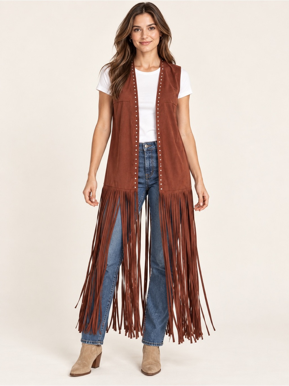 Brown Long Fringe Suede Vest - Women Jackets & Coats